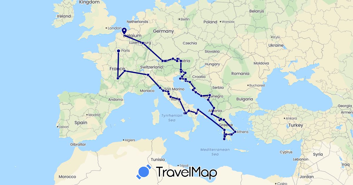 TravelMap itinerary: driving in Albania, Austria, Germany, France, Greece, Croatia, Italy, Montenegro, Slovenia (Europe)